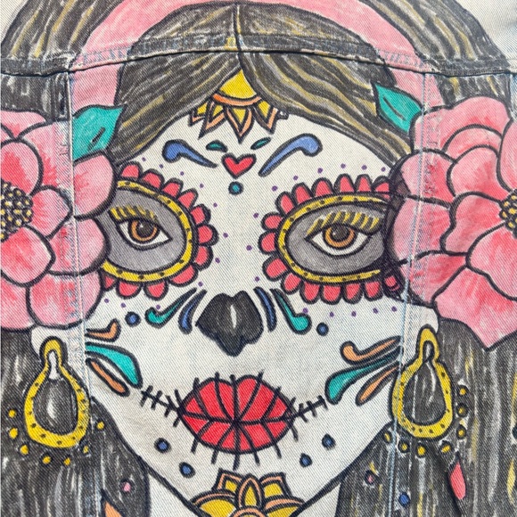 Hand Painted Sugar Skulñ Denim Jacket with Button Detail - Picture 5 of 12